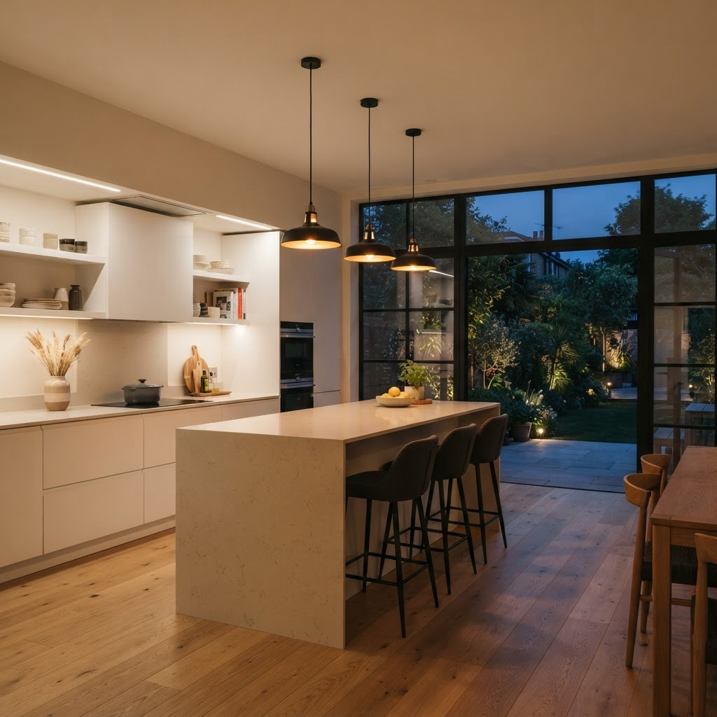 A beautifully transformed open-plan kitchen with warm architectural lighting