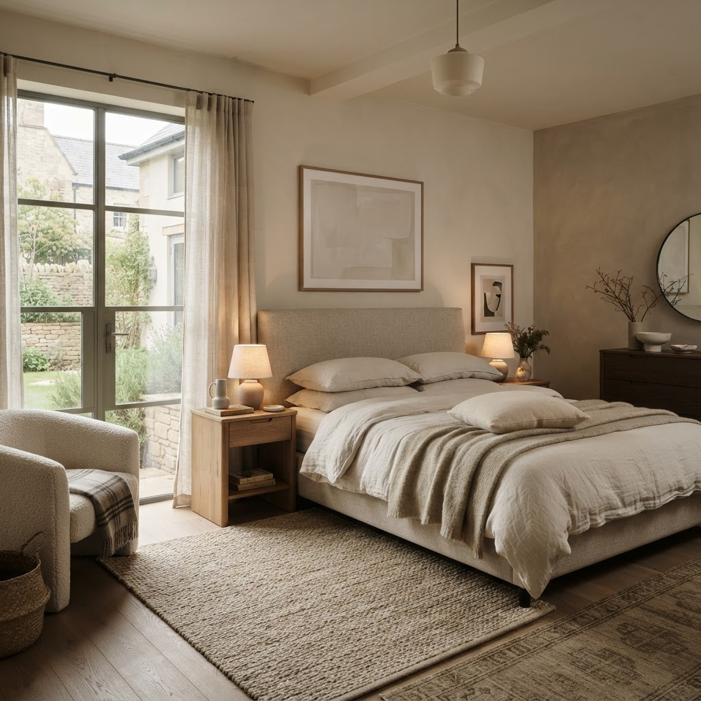 A calm, transformed bedroom with warm tones